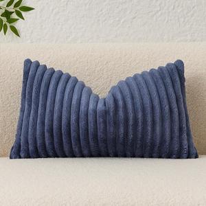 Kevin Textile Soft Plush 14x24 Inch Lumbar Pillow Cover 1 Pack, Luxury Fluffy Faux Fur Striped Flannel Rectangle Cushion Case for Couch Sofa Chair Bed Home Decor, Grey Blue