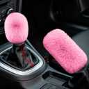 2PCS Plush Car Gear Shift Knob Cover & Handbrake Cover, Shift Knob Protector, Soft Fluffy Gear Handbrake Protective Sleeves, Shifter Lever Brake Handle Warm Plush Set for Cars (Pink)