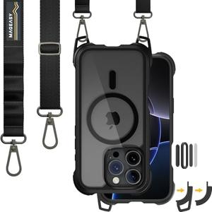 MAGEASY Designed for iPhone 16 Pro Case with Strap - [Camera Control Button Coverage] 20ft Ultimate Drop Protection Compatible with MagSafe, Vegan Leather Frame | Odyssey Strap M