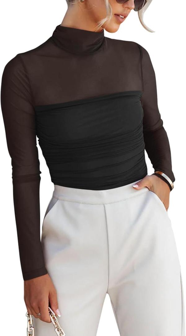 REORIA Womens Trendy Sexy Mock Turtle Neck Long Sleeve Sheer Mesh Ruched Going Out Bodysuits Tops (Medium, Black)