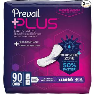 Prevail Plus | Long Length Incontinence Bladder Control Pads | Ultimate Absorbency | 90 Count (2 packs or 45)