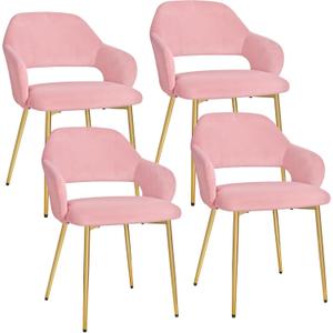 VECELO Velvet Dining Chairs Set of 4, Modern Upholstered Kitchen Chairs with Cushion, Padded Backrest and Metal Legs, Pink