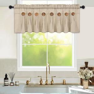 FRAMICS Farmhouse Valance Curtains, Boho Cotton Linen Kitchen Valance, Rustic Button Window Valances for Kitchen Bathroom Bedroom, Country Rod Pocket Valances for Windows, Linen Color, 52 x 18 Inch