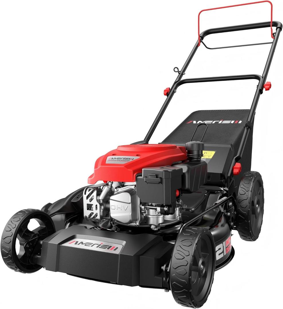 21" Gas Push Lawn Mower, Rugged Steel Deck, 3-in-1 Versatile Mower, 144cc OHV Engine, 6-Level Height Adjustment, Large Grass Collector, Easy Maneuverability for Home & Garden (Black&red)