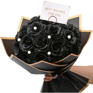 Waipfaru Black Glitter Roses Bouquet, DIY Fake Flowers Bouquet, Artificial Rose Bouquet for Valentines, Anniversary, Engagement, Wedding, 24 Roses