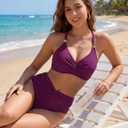 Blooming Jelly Women's High Waisted Bikini Sets Matel Tummy Control Swimsuits V Neck Twist Front Bathing Suit (L)