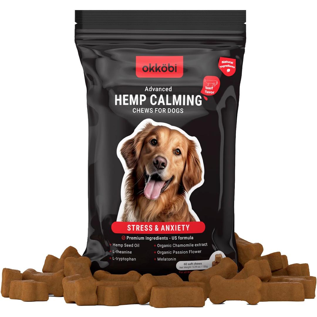 Hemp Calming Chews for Dogs Anxiety 60 pcs - Beef Flavored - Dog Anxiety Relief - Dog Calming Chews - Melatonin for Dogs - for Stress, Travel, Check-up, Barking or Grooming - Dog Calming Treats