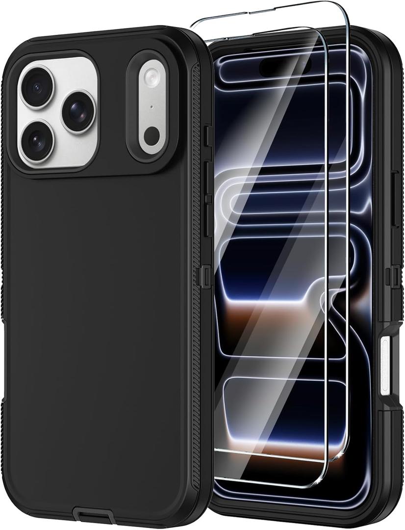 Annymall for iPhone 17 Pro Case with Screen Protector, Heavy Duty 3-Layer Drop Protection DustProof, Military Grade Shock-Absorbing Rugged Bumper Phone Cases Cover for Apple 17 Pro 6.3" (Black)