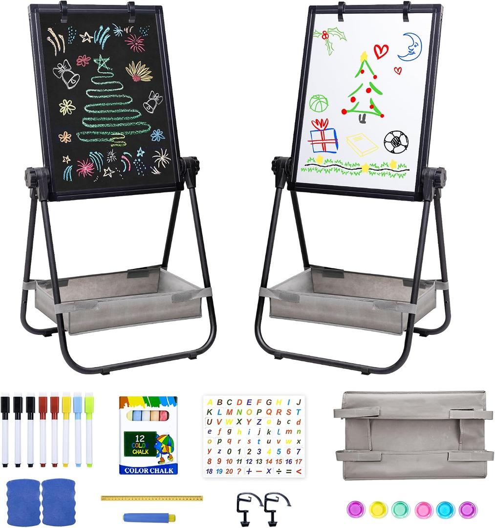 maxtek Kids Easel, 24x18in Adjustable Double-Sided Whiteboard & Chalkboard 360°Rotating, Magnetic Standing Art Easel Kids for Boys and Girls 3+ with Drawing Accessories, Black