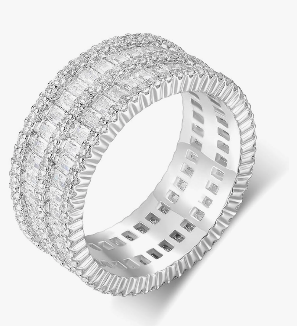MDFUN 18K White Gold Plated Halo Eternity Rings Wedding Bands 2 Rows Emerald Cut Cubic Zirconia Statement for Women Rings Size 10