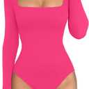 Meyeeka Women's Sexy Seamless Bodysuit Square Neck Body Suit Long Sleeve Top