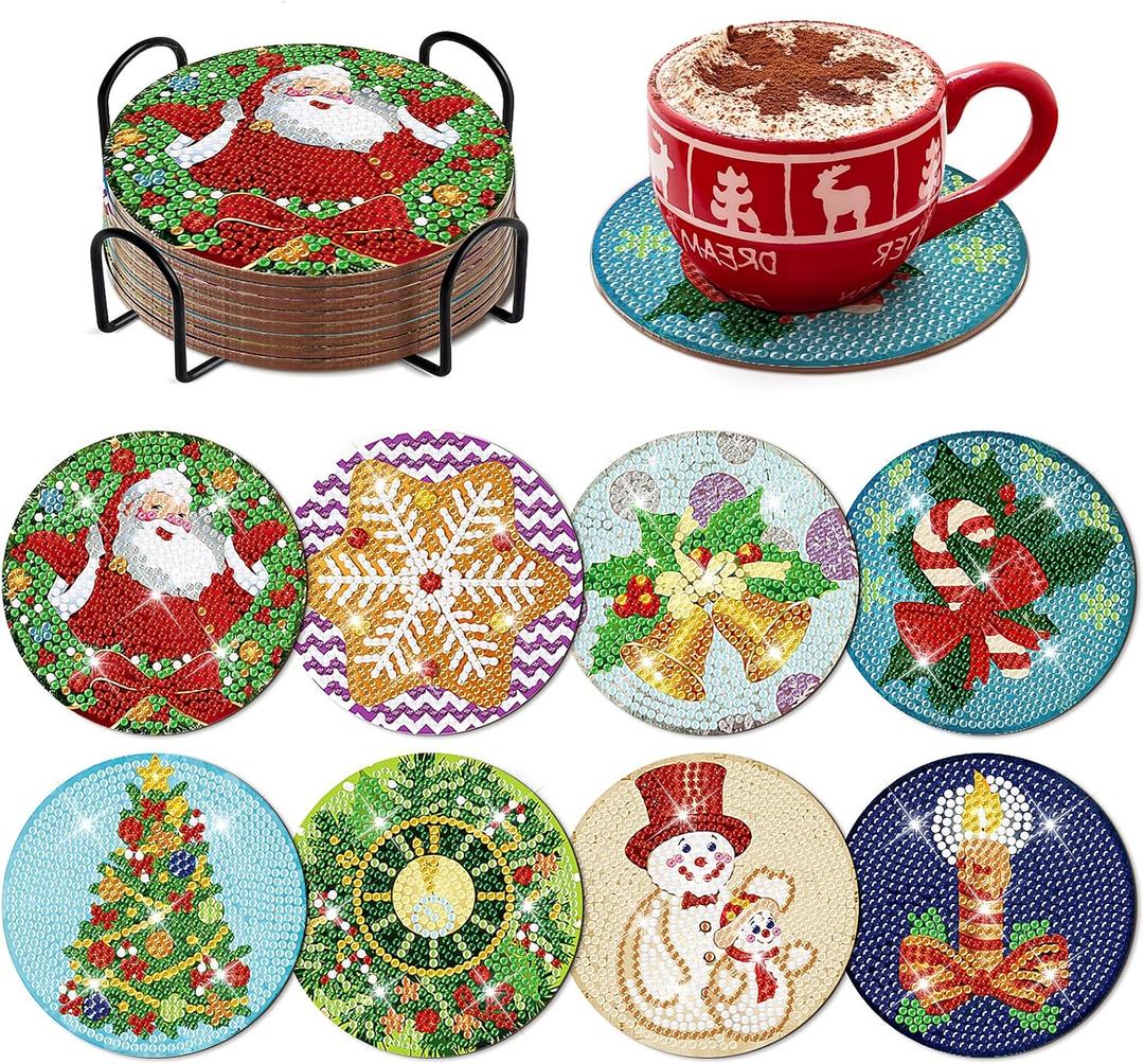 8 Pcs Christmas Diamond Coaster Coasters Kits with Holder DIY Xmas Santa Diamond Art Coaster Non Slip Coaster for Adults Diamond Kits Supplies for Christmas Holiday Present
