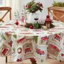 Newbridge Yuletide Christmas Tree Farm Red Barn Truck Vinyl Flannel Back Tablecloth, 70 Inch Round, Nostalgic Holiday Wipe Clean Easy Care Table Cover