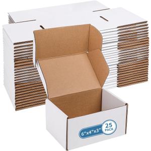 Fishat Small 6" x 4" x 3" White Corrugated Cardboard Shipping Boxes Set of 25, Heavy-Duty Mailing Box for Business, Packing, Literature Mailer and Storage
