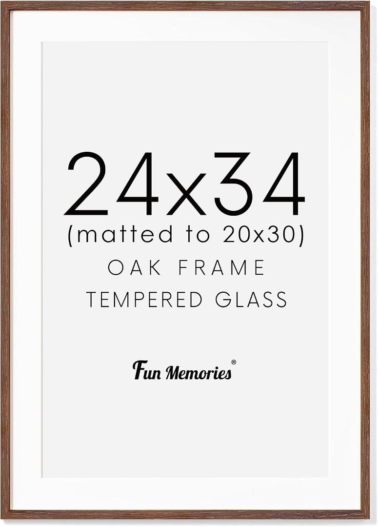 24x34 Oak Wood Picture Frame, 24"x34" Poster Frame for Wall, 24 x 34 Frame with Mat for 20x30, Rustic Wood Frame 24 x 34 with Real Glass, 24 by 34 Large Photo Frame (Walnut Color, 1 Pack)