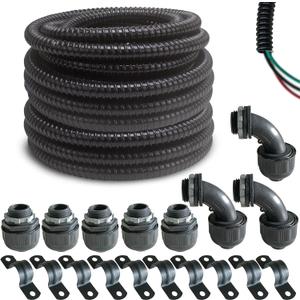 (1/2" Dia * 50 Feet) Yariwiz Black Special Extra Flexible Electrical Conduit Liquid Tight PVC Conduit Kit with 5 PCS Coupling, 3 PCS Elbow and 10 PCS Strap, Sealtight Seal Flex Liquidtight Wire
