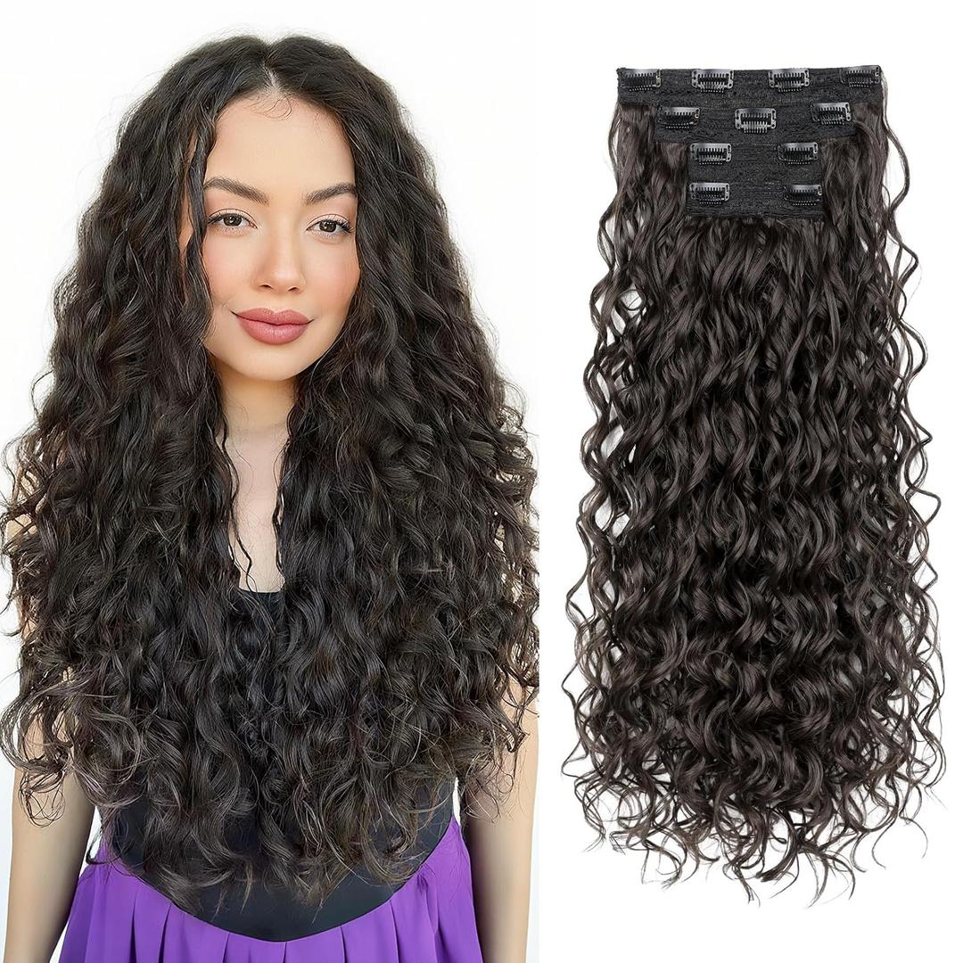 REECHO Curly Clip in Hair Extensions, 4PCS 24 inch Long Hair Extensions Clip ins Lace Weft Natural Hairpieces for Women Daily, Black Brown