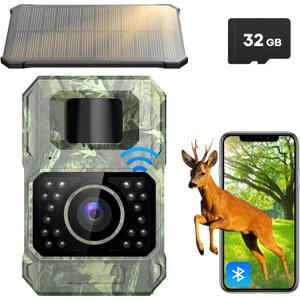 Solar Trail Camera 48MP 30FPS, WiFi Bluetooth Game Camera with Motion Activated 0.2s Trigger, Night Vision Motion Activated IP66 Waterproof for Wildlife Scouting with 32GB Micro SD Card