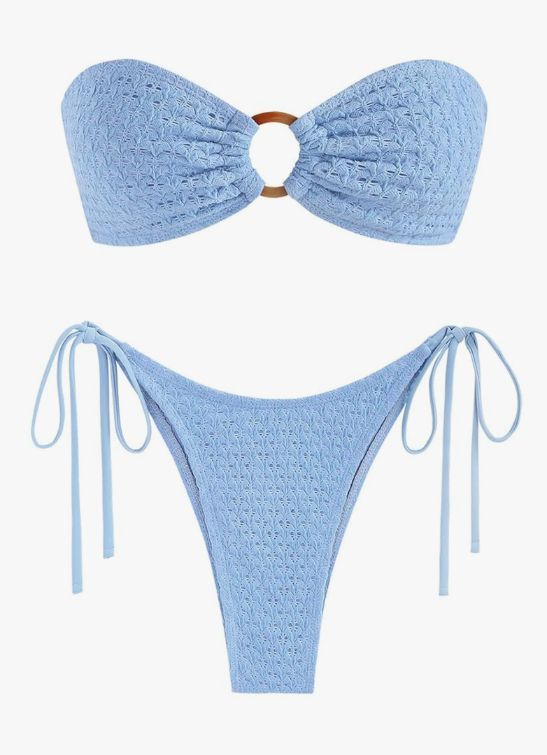 ZAFUL Women's Bandeau Bikini Strapless O Ring Lace Tie Back High Cut Two Piece Swimsuit Bathing Suits S