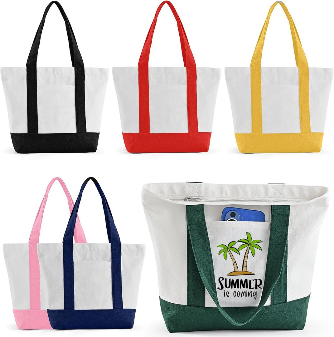 Mini Canvas Tote Bag with Pockets, 12oz Cotton Small Tote Bag with Zipper Reusable Grocery Shopping Bags for DIY (Multicolor)