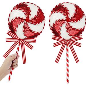 2 Pcs Huge Sequin Velvet Peppermint Sprays Ornament Glitter Lollipop Candy Christmas Topper Picks Stripe Ribbon Bows for Xmas Tree Fillers Wreath Craft DIY Home Decor (Red and White, 26 x 11 Inches)