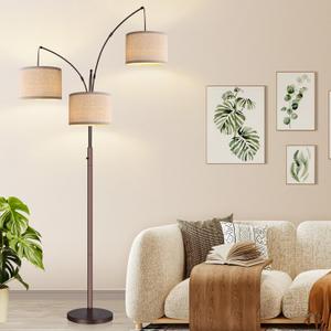 Dimmable Floor Lamp, 3 Lights Brown Arc Floor Lamps for Living Room, Modern Tall Standing Tree Lamp with Beige Linen Shade & Heavy Base, Large Floor Lamp for Bedroom Office, 3x1000 LM Bulbs Included