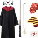 Cosplay Costume Complete Props Accessories Gifts for Birthday Party Magic Wand Eyeglass Frame Knit Scarf Tie Necklace Set for 10-12 Years Old
