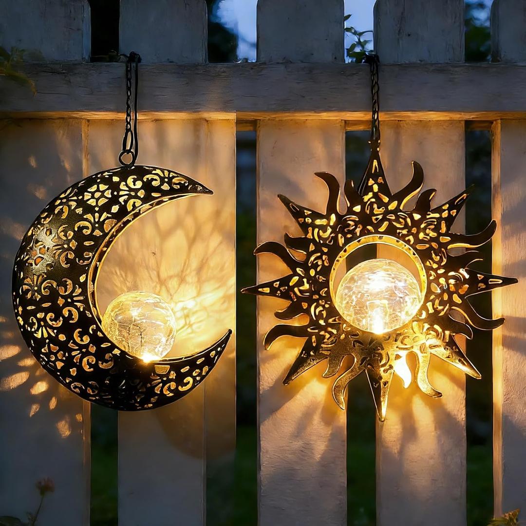 Solar Hanging Sun & Moon Lights Set for Outside,2 Pack Metal Lanterns Pierced Carving Soothing Lamp, Large Decorations for Yard Garden Patio Proch Tree Wall, Christmas Gifts for Women Mom