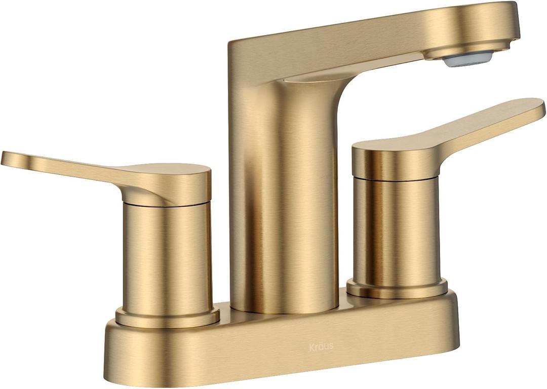 KRAUS Indy Centerset Bathroom Faucet in Spot-Free Brushed Brass with 2 Handles, Pop Up Drain and Supply Lines, FUS-14102SFBB