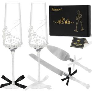 Wedding Toasting Flutes and Cake Server Set of 4 - Champagne Glasses and Knife Server Set, Bride and Groom Wineglasses and Cake Knives Set Gifts for Bridal Shower Anniversary Engagement Chirstmas