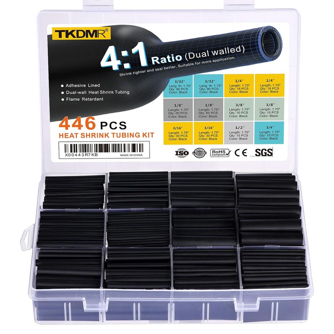 TKDMR 446 Pcs Heat Shrink Tubing Kit - 4:1 Ratio Adhesive Lined, Marine Grade Shrink Wrap - Industrial Heat Shrink Tubing,Black (1.75" Length)