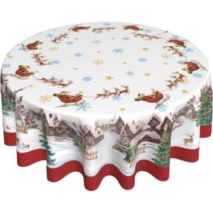 Giwawa 60in Christmas Round Tablecloth Santa Claus Sleigh Reindeer Table Cover Xmas Tree Winter Snowflakes Stain Resistant Waterproof Table Cloth for Kitchen Dining Holiday Indoor Outdoor Decor (One Size)