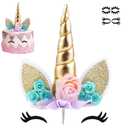 Unicorn Cake Topper Birthday Party Supplies Unicorn Birthday Decorations Gold Horn Cake Topper Accessory with Eyelashes Cute Handmade Reusable Cake Toppers for Girls Kids Women 5.8 Inch