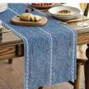 Artoid Mode Blue Rustic Cotton Linen Table Runner, Seasonal Embroidered Hollow Kitchen Dining Table Decoration for Home Party Decor 13x72 Inch