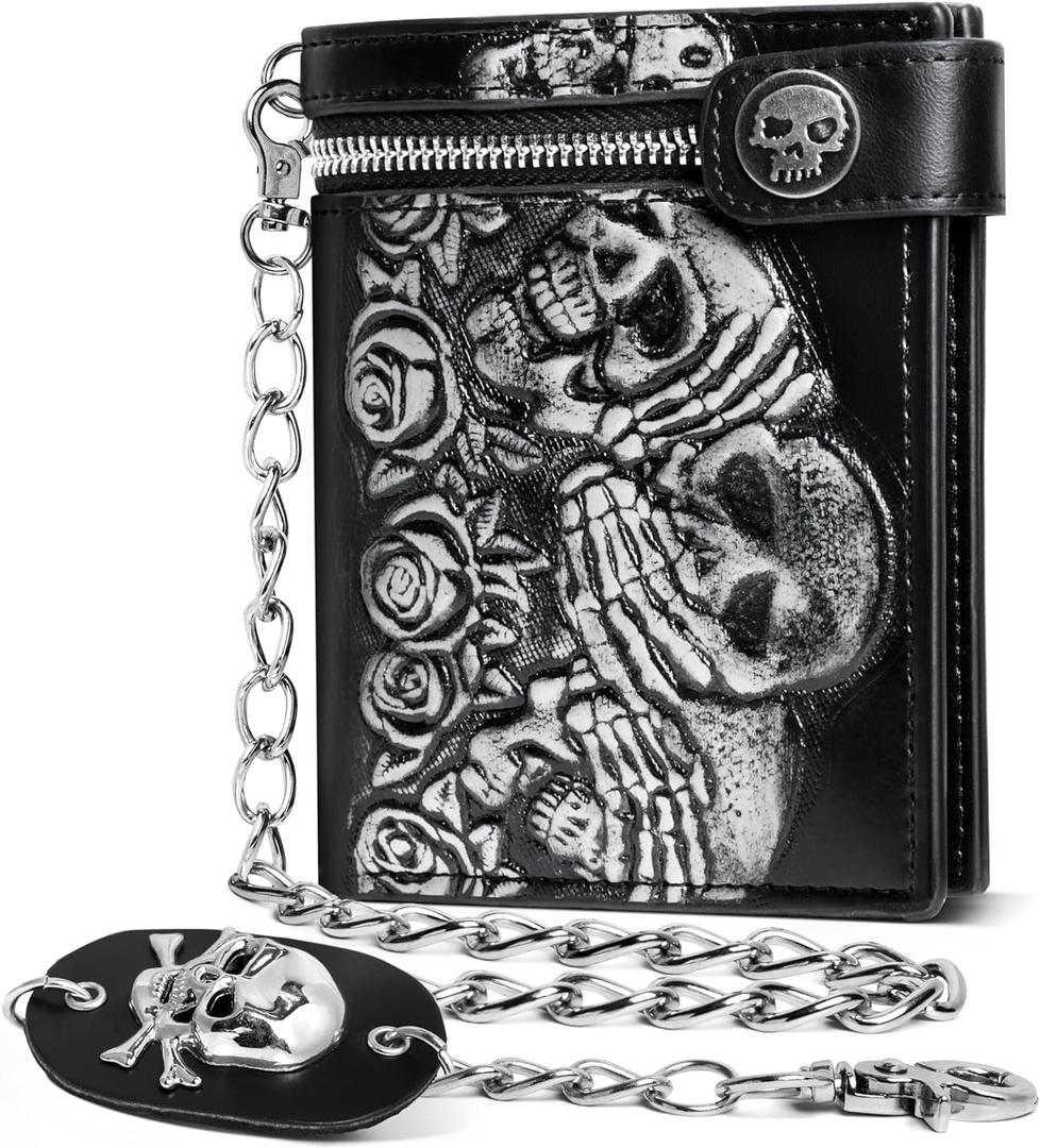 ZEKEE Skull Gothic Chain Wallet Leather Punk Bifold Halloween Goth Accessories Unisex,Black