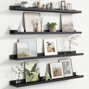 Floating Picture Ledge Shelves for Wall Set of 4, 36 Inch Wall Shelves with Lip Long Large Nursery Book Shelf for Toys Storage Kids Bookshelf Wall Mounted Living Room Bedroom Decor Frames (Black)