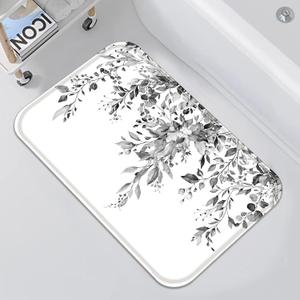 Black White Eucalyptus Small Bathroom Rugs Mat Grey Watercolor Plant Leaf with Floral Bath Rug 24 x 16 in Water Absorbent Non Slip Washable Shower Mat Memory Foam Bath Mats for Bathroom Decor