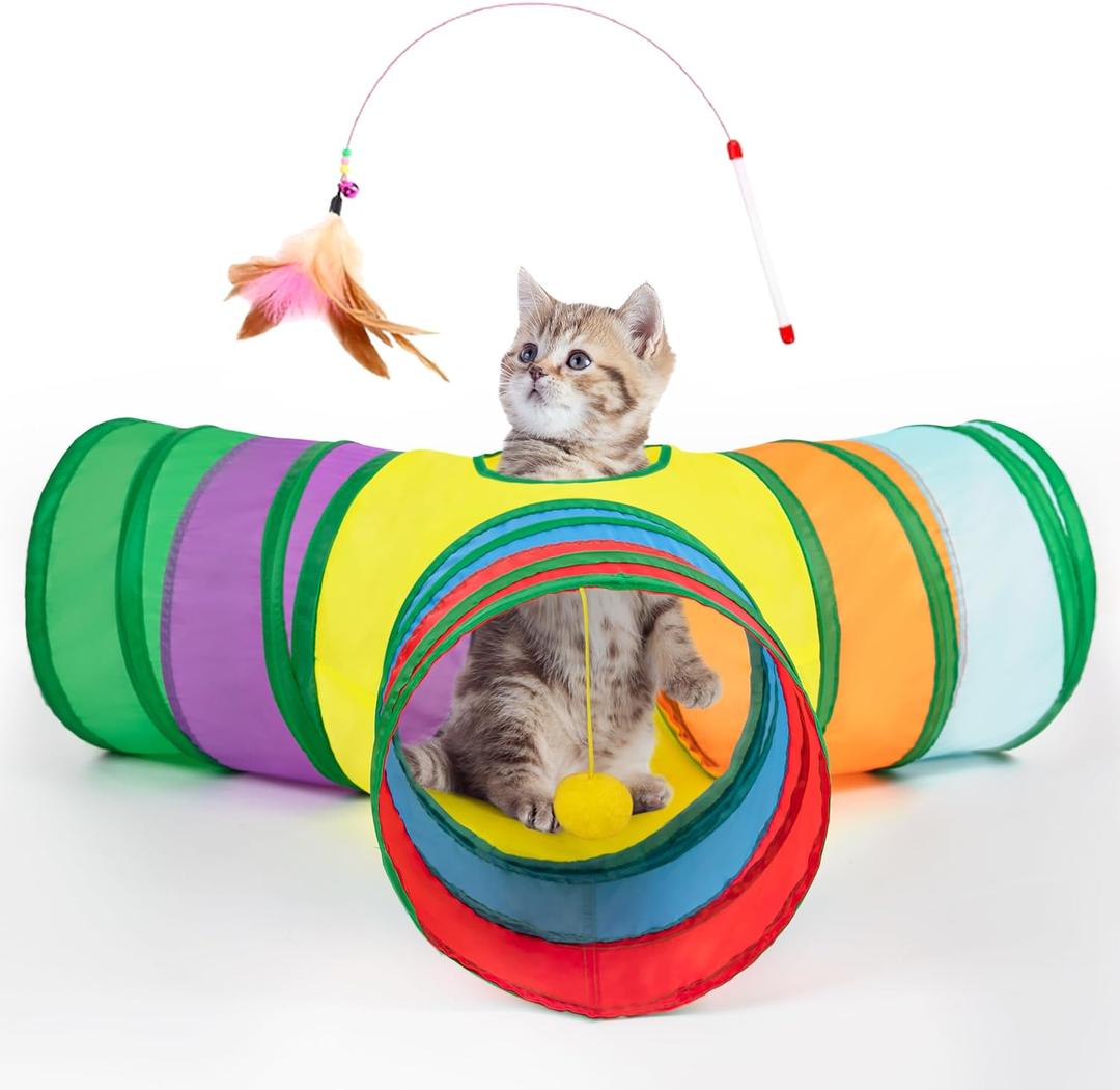 Tempcore Pet Cat Tunnel Tube Cat Toys 3 Way Collapsible, Cat Tunnels for Indoor CatsKitty Tunnel Bored Cat Pet Toys Peek Hole Toy Ball Cat, Puppy, Kitty, Kitten, Rabbit Rainbow