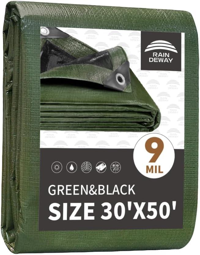 RAINDEWAY Tarps 30x50 Feet,Large Tarp Waterproof,9Mil Thick Finished Size, Multipurpose Poly Tarp Cover with Metal Grommets and Reinforced Edges,Green/Black Tarpaulin