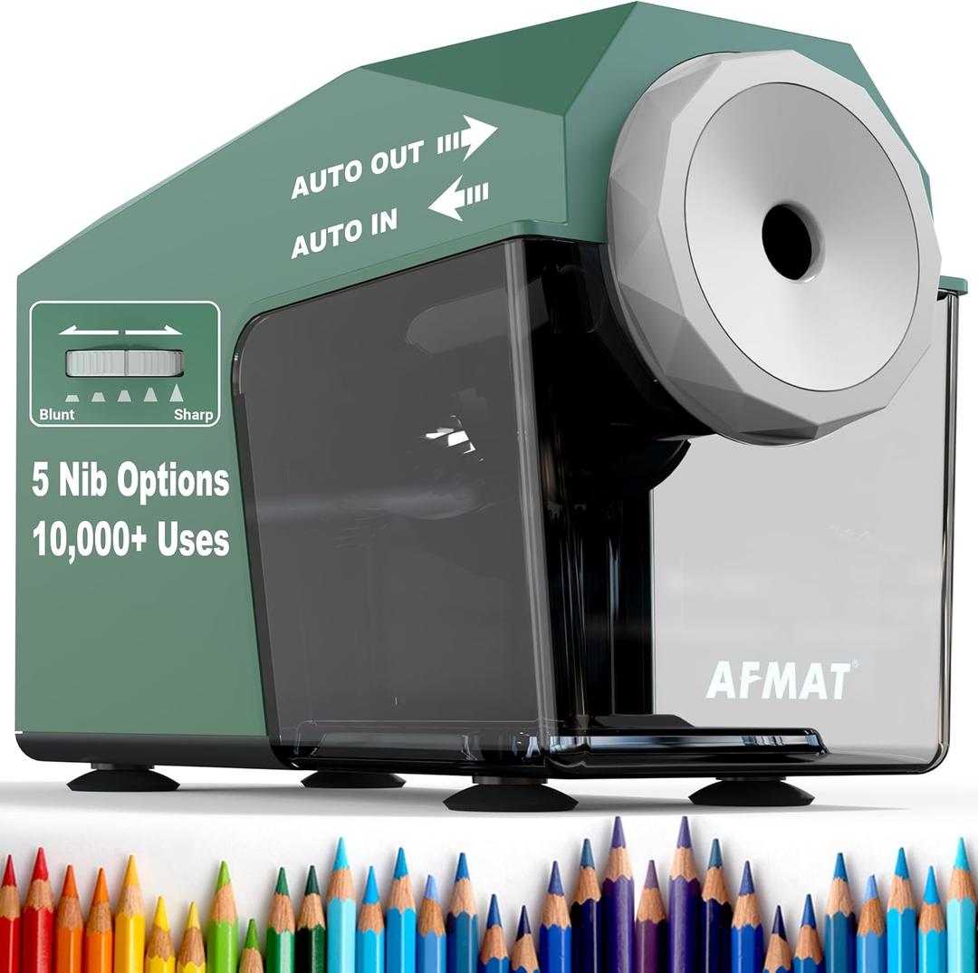 AFMAT Electric Pencil Sharpener, Fast & Hands-Free, 10,000+ Uses, 5 Nibs, Fully Automatic Pencil Sharpener for Classroom, Heavy Duty Sharpeners for No.2/Jumbo/Colored Pencils (6.5-10.5mm) PSC4(Green)