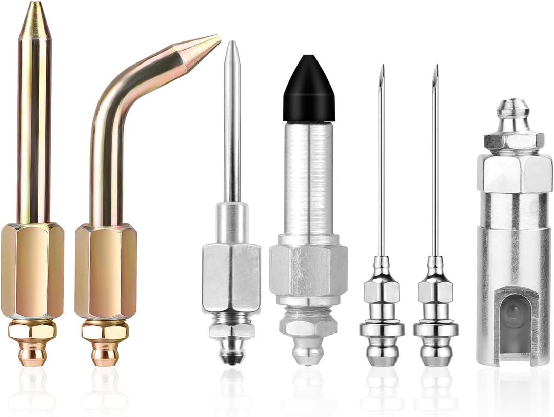 lasuroa 7pcs Grease Gun Accessory Kit, Comprise 2 Grease Nozzle, 1 Needle Tip Dispenser, Rubber Joint Fitting, Straight Nozzle, Elbow Adapter Slotted Coupler Attachments Accessories, for Small Spaces