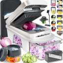 Mueller Pro-Series All-in-One, 12 Blade Mandoline Slicer for Kitchen Spiralizer, Food Chopper, Vegetable Slicer, Cutter, Dicer, Grater, Kitchen Gadgets with Container, White Sand/Gray, 
Product Dimensions	10.91"L x 5.47"W x 5.71"H