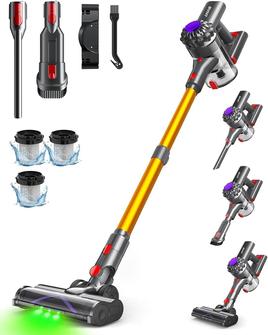 Cordless Vacuum Cleaner, 450W 40KPA Vacuum Cleaners for Home, 45 Mins Lightweight Stick Vacuum Cordless with LED Display, Rechargeable Battery Vacuum for Carpet, Pet Hair, Hardwood Floor (Gold)