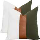 Set of 2 Farmhouse Cotton Throw Pillow Covers 18x18 Decorative Rustic Pillow Case Olive Green and White Square Cushion Case for Sofa Couch Bed Modern Faux Leather Pillowcase
