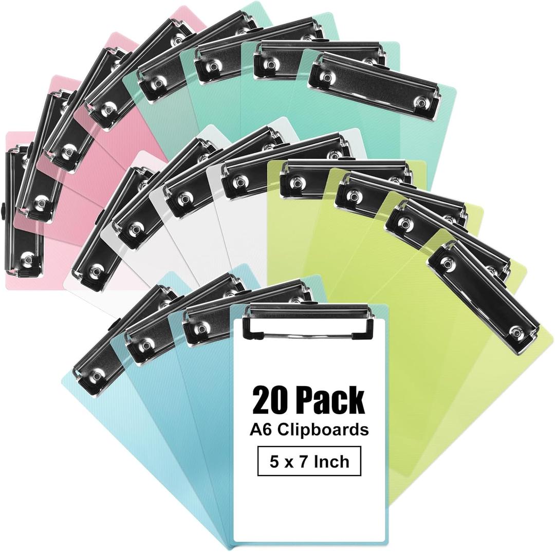 SHUESS Mini Clipboard 20 Pack Plastic Small Clipboard 4.7x7.3 Inch Colored Clipboards Low Profile Clip Small Clipboards Bulk Standard A6 Letter Size for Classroom and Office Use