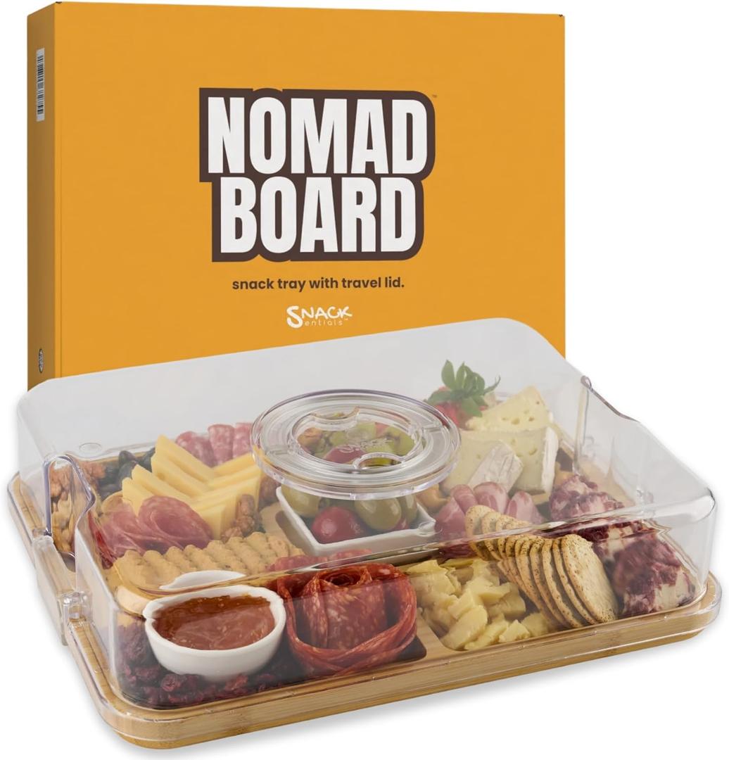 Charcuterie Board with Lid and Handle  Bamboo Travel Snack Tray with 5 Sections and 2 Dip Bowls, 11x14 inches, Covered Portable Cheese Platter for Picnics, Parties, Gifts