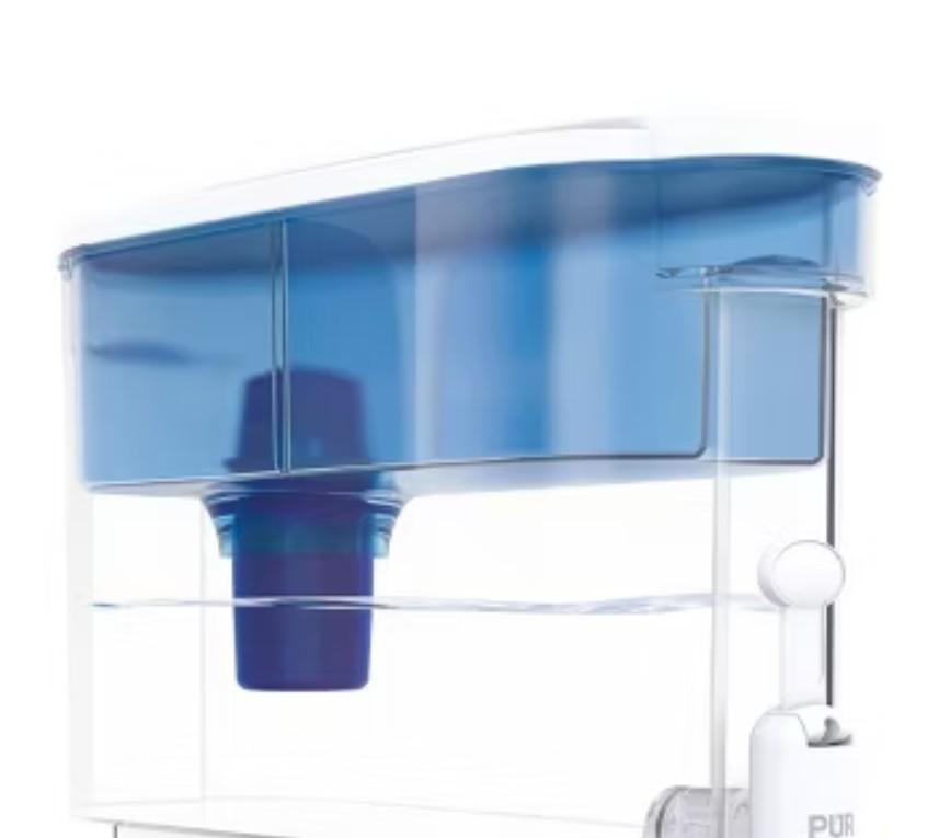 PUR PLUS 30-Cup Water Filter Dispenser in the "Color Classic Blue". It is a large-capacity water filtration system designed for household use.