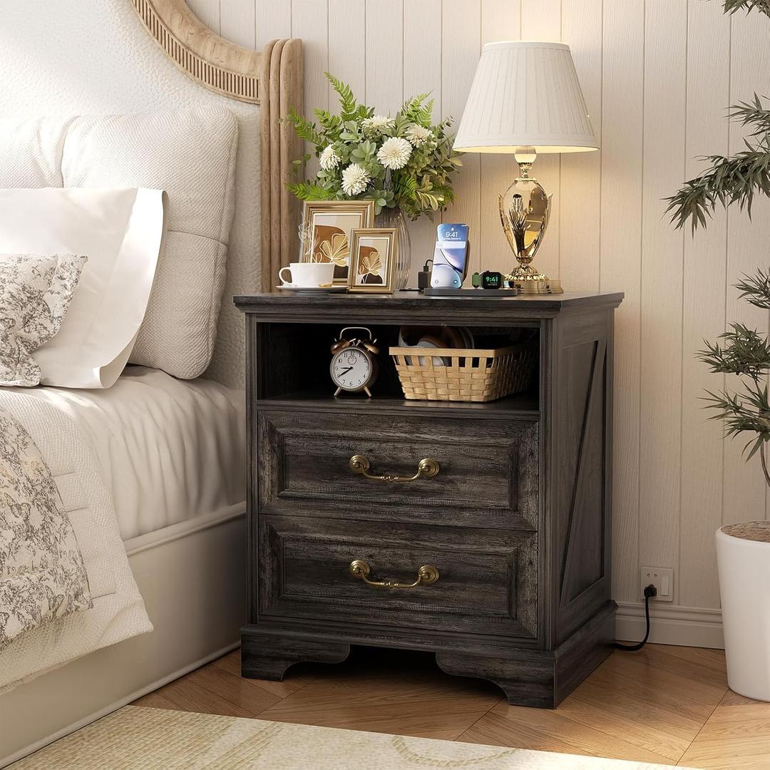 Unikito 24" Tall Farmhouse Nightstand with Charging Station, Rustic End Table with Drawer & Open Storage, Beside Table for Bedroom, Gray Oak