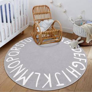 LIVEBOX ABC Play Room Round Kids Rug for Boy and Girl, Circle Washable Area Rug Non-Slip Crawling Play Mat for Playroom, Alphabet Nursery Area Rug Circular Learning Carpet for Bedroom (47",Grey)