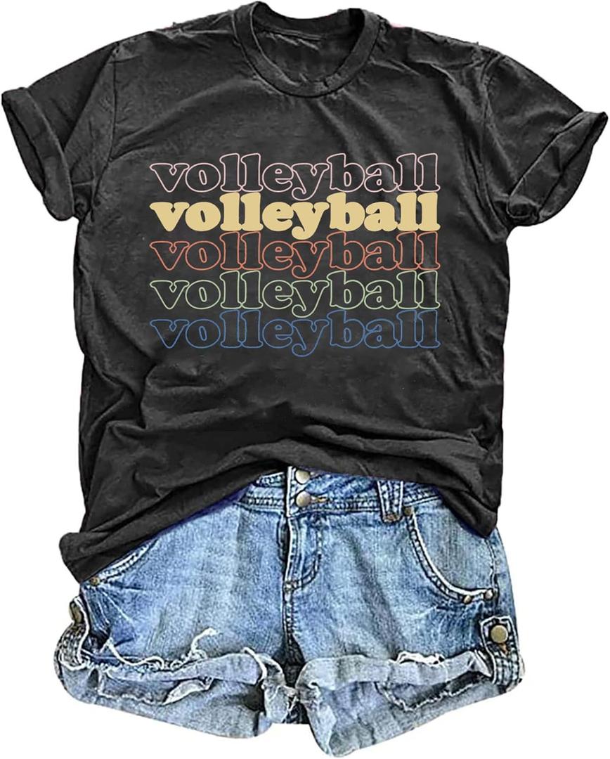 Women Volleyball Mom Shirts Game Day T Shirts Sports Player Graphic Casual Tee Tops (XX-Large, Dark Grey)